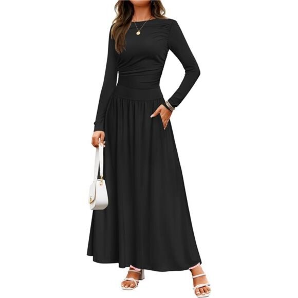Women's Fall Long Sleeve Crewneck Maxi Dress - Casual Knit Slim Swing - Picture 3 of 7